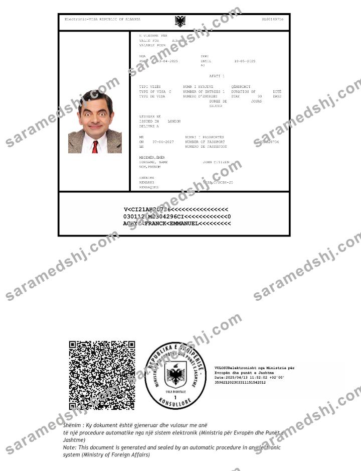 Albania e-visa template in Word and PDF formats, version 2